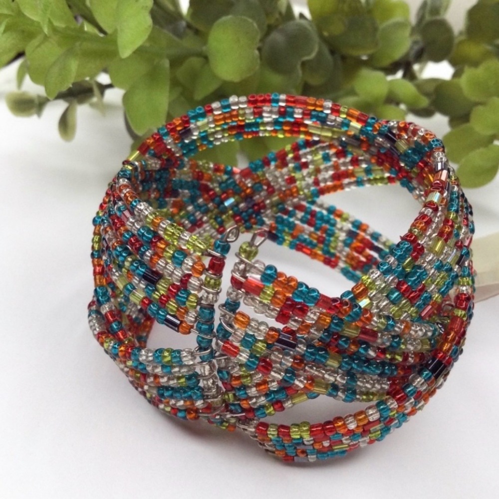 Handmade Twisted Flexible Seed Bead Braided Cuff Bracelet – Multicolor – NWT